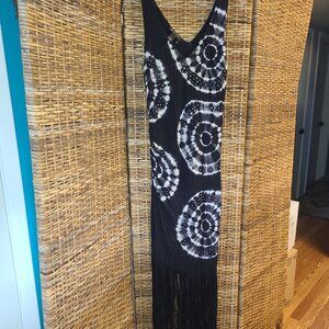 INC International Concepts Tie Dye Maxi Dress SZ S Black Gray White Gems Fringe